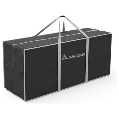 A black storage bag for a Christmas tree with gray straps and trim.
