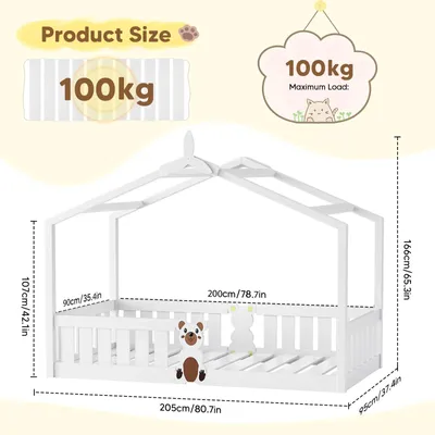 Immagine prodotto di Letto per bambini 90x200 cm - Letto a terra Montessori - Letto a forma di casetta con tetto - Protezione anticaduta - Struttura in legno con rete a doghe - Bianco