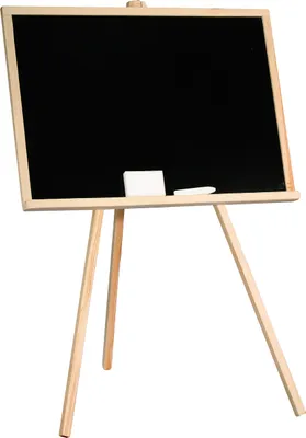 A small blackboard on a wooden easel with chalk and an eraser.