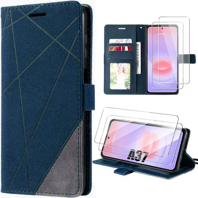 Image de Coque + 2 Verres Trempés pour Samsung Galaxy A37 5G, Protection Effet Cuir Anti-Rayures Bleu Marine