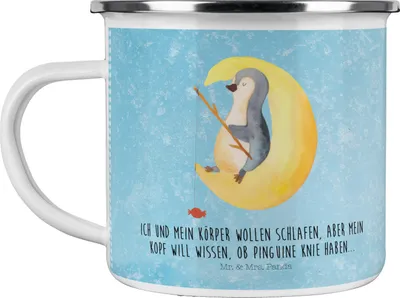 Produktbild von Mr. & Mrs. Panda wandertasse Pinguin Mond - Eisblau - Geschenk, Emaille Tasse, Campingtasse, Teebecher, becher, Haferl, Spruch, schlafen, Angel, Neugierig, Süßigkeiten