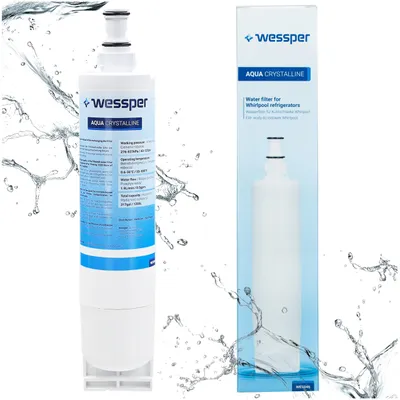 A water filter for refrigerators and its packaging are shown against a white background with water splashes.