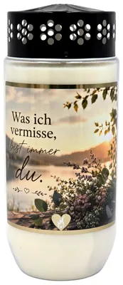 Produktbild von 8 Tage Premium Design Grabkerze mit Goldapplikation & Spruch: "Was ich vermisse, bist immer du."
