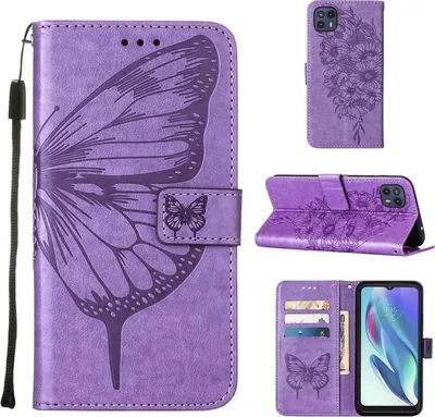 Produktbild von Moto G50 5G Hülle, Schmetterling Prägung Flip Leder Kartenfächer Schutzhülle Ledertasche mit Ständer für Motorola Moto G50 5G Violett