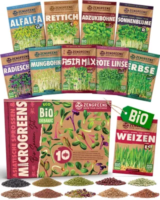 Produktbild von ZenGreens® Bio Sprossensamen Set 10 Sorten Asia – Keimsaat für Microgreens, KI-generiertes Bild