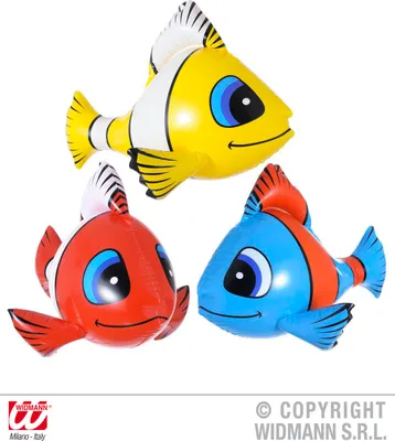 Three inflatable fish toys in different colors (yellow, red, and blue) are arranged in a group against a white background.