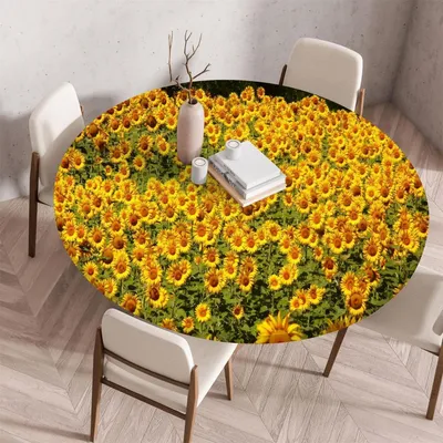 Immagine prodotto di Tovaglia rotonda elasticizzata, diametro 130 cm, motivo girasole, lavabile, con elastico per tavoli da 120-125 cm