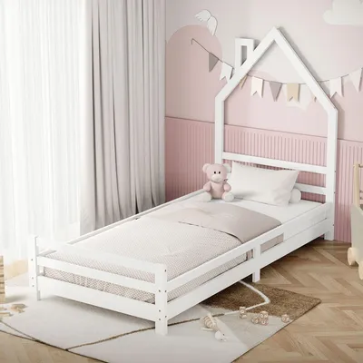 Produktbild von ML-Design Kinderbett Haus 90x200 cm, Weiß, Hausbett für Kinder, Holzbett mit Lattenrost, Schornstein Design, Jugendbett aus massivem Kiefernholz