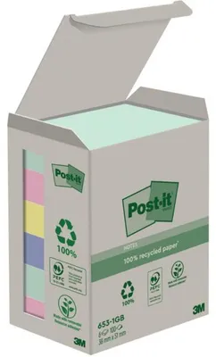 Mini-tour de notes de recyclage Post-it®, 51 x 38 mm, bleu pastel, vert, rose, jaune, 100 feuilles/bloc, 6 blocs