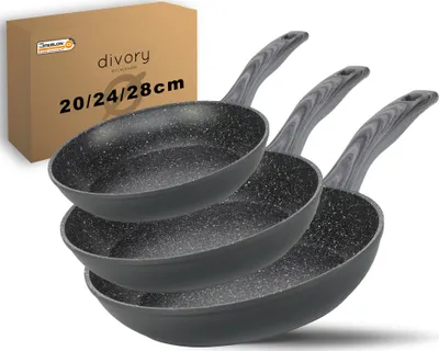Produktbild von DIVORY Pfannenset 3-teilig Pfanne 20, 24, 28 cm Induktion, Antihaftbeschichtet, Spülmaschinenfest, Pfanne für alle Herdarten (Griff: Graue Holzoptik)