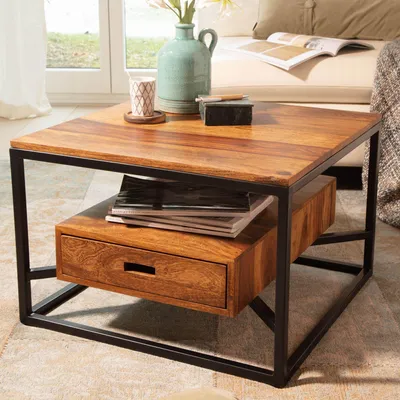 Zdjęcie produktu dla Stolik kawowy FineBuy 60x60x40 cm z litego drewna sheesham / metalowy, kwadratowy stolik do salonu, stolik kawowy z szufladą, mały stolik