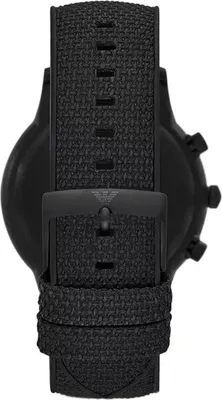 A close-up, top-down view of a black watch strap and buckle.
