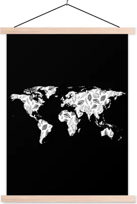 Produktbild von MuchoWow® Textilposter Weltkarte - Pflanzen - Schwarz 120x160 cm mit holzfarbenen Rahmen - Plakatkarton