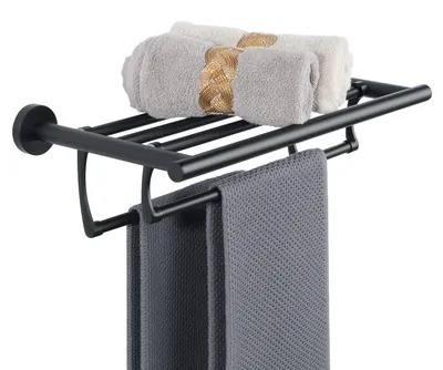 Obrázek produktu pro Nástěnný držák na ručníky s poličkou - Dvojitá tyč - 40 cm - Matná černá barva