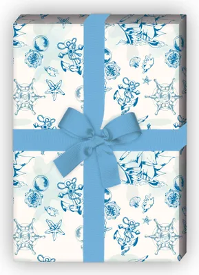 Produktbild von Nautisches Geschenkpapier mit Segelboot, Kompass und Anker, blau - G8652, 32 x 48cm