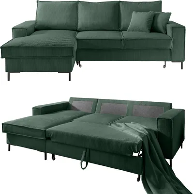 Produktbild von Ecksofa Récamiere Schlaffunktion Bettkasten Couch Polsterecke in Cord Grün / 17224