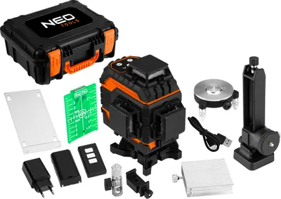 A collection of tools and accessories for a laser leveler, including the device itself, a carrying case, and various attachments, laid out on a white background.