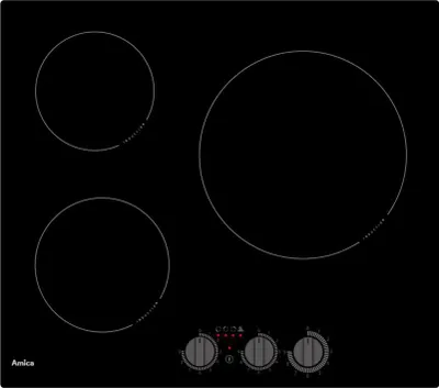 A top-down view of a black induction hob with three cooking zones and control knobs.