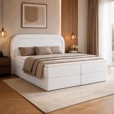 Produktbild von Boxspringbett BONITO 200x200 cm Komplett-Set mit Bettkasten, Bonell-Matratze H3 und Topper, Bouclé Weiß