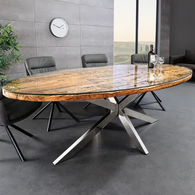 Produktbild von riess-ambiente Massiver Esstisch BARRACUDA 220cm braun Teakholz silber Sterngestell Glasplatte Esszimmertisch Tisch Konferenztisch