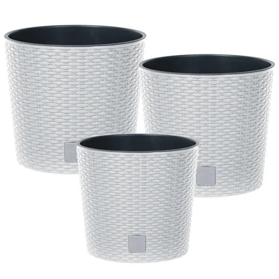 Obrázek produktu pro Sada 3x Květináčů s vložkou Ratan Bílá barva 19 22 27 cm cm plast kulatý kužel