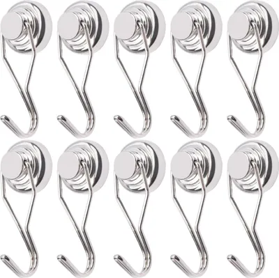 Produktbild von Magnethaken Extra Stark 20kg Neodym Magnete mit Haken 25mm Drehhaken Stanzfrei für Eisentüren Kühlschränke Küchen Kleiderablage Büro Magnet Haken Groß Silber 10 Stück