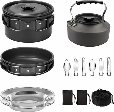 Image de Ensemble de cuisine pour camping – Ensemble léger de batterie de cuisine antiadhésive comprenant une casserole, une poêle, une bouilloire, des assiettes et des couverts en acier inoxydable, idéal pour les activités de plein air et le camping