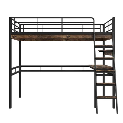 Produktbild von Merax Etagenbett Hochbett 90x200 cm, Metallbett Kinderbett mit Schreibtisch, Regalen, Stockbett Jugendbett, Schwarz