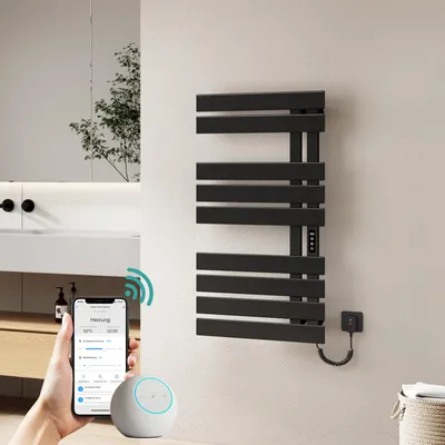Produktbild von EMKE Elektrischer Handtuchheizkörper, APP Smart Steuerung mit Wochenprogramm, Funktions-Upgrade, 100x50 cm, 440 W, Schwarz, Handtuchtrockner