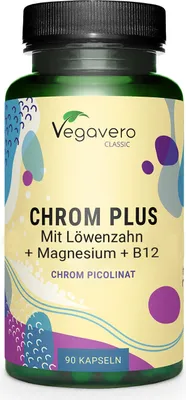 Produktbild von Vegavero Chrom Plus | 90 Kapseln | 250 µg Chrom pro Kapsel | mit Löwenzahn, Magnesium & Vitamin B12 | vegan