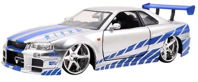 Produktbild von Nissan Skyline GT-R R34 2002 silber blau Brian Fast & Furious Modellauto 1:24 Jada Toys