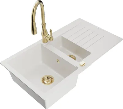 Produktbild von Mexen Matias 1,5-Becken-Granitspüle mit Abtropffläche und Mischbatterie Savita, Weiß - 6502-20-672601-50
