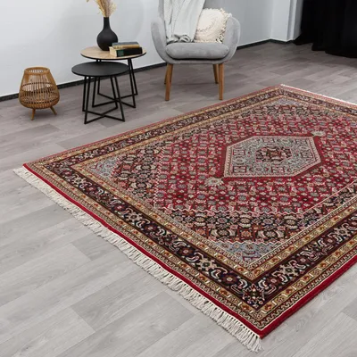 Produktbild von Steffensmeier Orientteppich Bidjar fein | Orient Wohnzimmerteppich handgeknüpft mit Fransen, Rot, Größe: 300x400 cm, aus hochwertiger Wolle (Schurwolle)