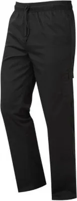 A pair of black cargo pants is shown against a white background.