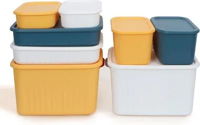 Produktbild von Unyqoos® 8er Aufbewahrungsboxen mit Deckel, stapelbar, Kunststoff BPA-frei – 2×XL 35,7×25×22,4 cm (mit Griff), 2×flach 35,7×25×8,4 cm, 2×M 24,7×16,7×14,9 cm, 2×S 24,7×16,7×7,7 cm
