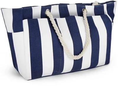 Immagine prodotto di Ibenzoa® Borsa da spiaggia XXL, 35 litri – a righe blu e bianche, 50x20x35 cm, realizzata in tela resistente agli schizzi, pieghevole, con tracolla in cotone, altezza della tracolla circa 32 cm