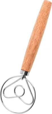 A Danish dough whisk with a wooden handle and a stainless steel whisk head, isolated on a white background.