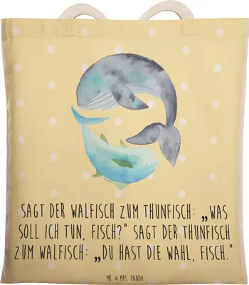 Produktbild von Mr. & Mrs. Panda Tote Bag Walfisch Thunfisch - Gelb Pastell - Geschenk, Stoffbeutel, Tasche, Wahl, Wal, Beutel, Tragetasche, Witz, Spruch Lustig, shopping, Des Tages