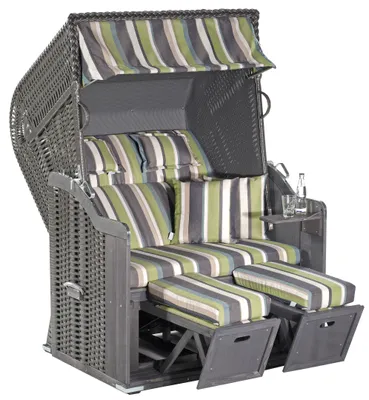 Produktbild von Rustikal Strandkorb 255 Plus 2-Sitzer, Halblieger Ostseeform, Geflecht anthrazit, Strukturpolyester gestreift, herausnehmbare Kissengarnitur, Fichtenholz grau lasiert, ca.125x90x160