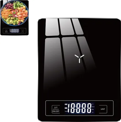 Produktbild von MODFU Küchenwaagen, Digitale Küchenwaage, USB Aufladung, Präzise 1g–5000g, LCD-Touchdisplay, Elektronische Waage für Küche, Lebensmittel, Backen, Grammgenau, Schwarz, Tragbar, Modernes Design