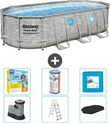 Produktbild von Bestway Oval Power Steel Swim Vista Swimmingpool – Steindruck – 549 x 274 x 122 – inklusive Pumpe – Leiter – Abdeckung Wartungspaket - Filter - Bodenfliesen