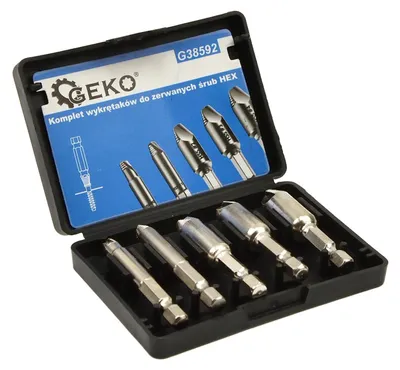 Obrázok produktu pre Sada vyťahovákov na zlomené skrutky, HSS 4341, s Hex 1/4'', 5ks, Geko