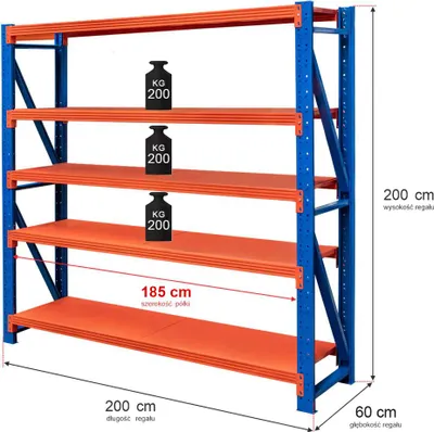Zdjęcie produktu dla Regał metalowy magazynowy warsztatowy 5-półkowy Mega-M FORTIS LIGHT 200x200x60 cm moduł bazowy