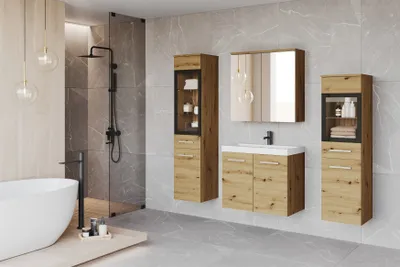 Image de Ensemble de meubles de salle de bain MINIO "MARIT II", comprenant des meubles de salle de bain avec vasque, sans éclairage LED – Chêne artisanal