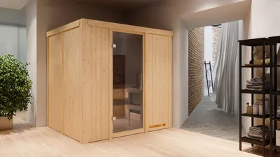 Produktbild von Karibu Sauna Innensauna Sodin Fronteinstieg Ofen 9 kW integr. Strg 196x170x198 cm ohne Dachkranz mit Graphittür