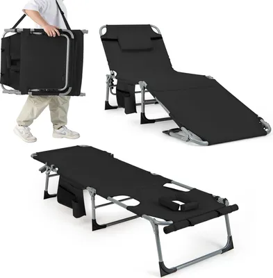 A collage showing a foldable sun lounger in different configurations and a person carrying it.