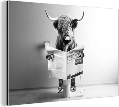 Produktbild von MuchoWow Wanddekoration Metall Metallbild Wandkunst 150x100 cm Schottisches Hochlandrind - WC - Zeitung - Lustig - Tier MuchoWow Aluminium Gemälde - Alu Dibond Bild
