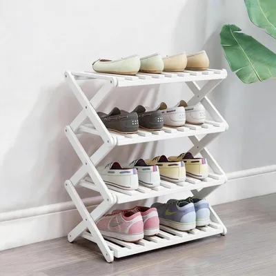 Immagine prodotto di Scaffale per scarpe in bambù, 4 ripiani, pieghevole, bianco, 49x26x69 cm