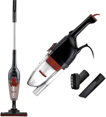 A product shot of a vacuum cleaner and its accessories against a white background.