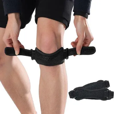 Produktbild von Unyqoos® Verstellbare Kniebandage mit Kompressionspolster zur Patellastütze – atmungsaktiv aus Baumwolle, Silikon, Elasthan & Nylon, 2er-Set, Schwarz